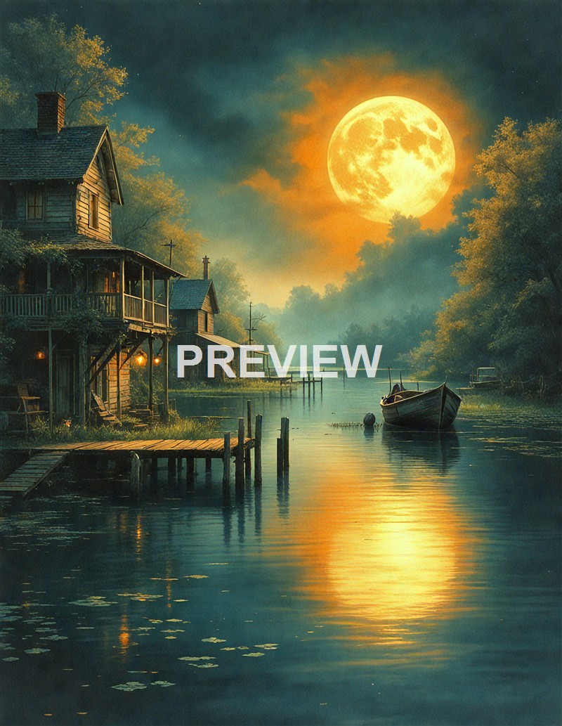A tranquil scene of a small boat docked on a calm river with rustic houses on the shore under a large, glowing full moon in a cloudy night sky.